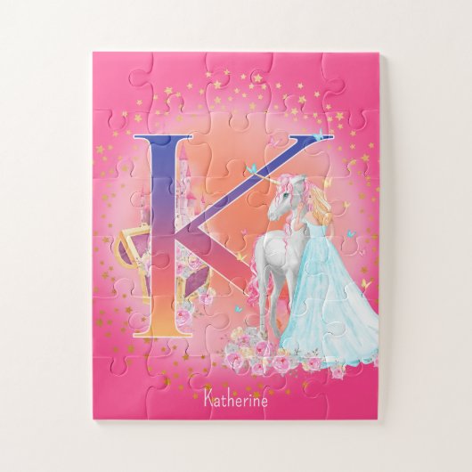 Unicorn en Prinses met Castle Letter K Monogram Legpuzzel (Verticaal)