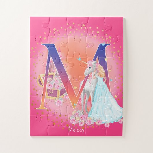 Unicorn en Prinses met Castle Letter M Monogram Legpuzzel (Verticaal)