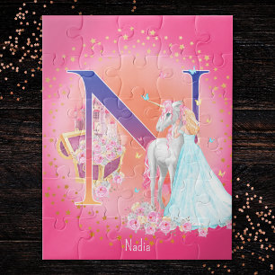 Unicorn en prinses met Castle Letter N Monogram Legpuzzel