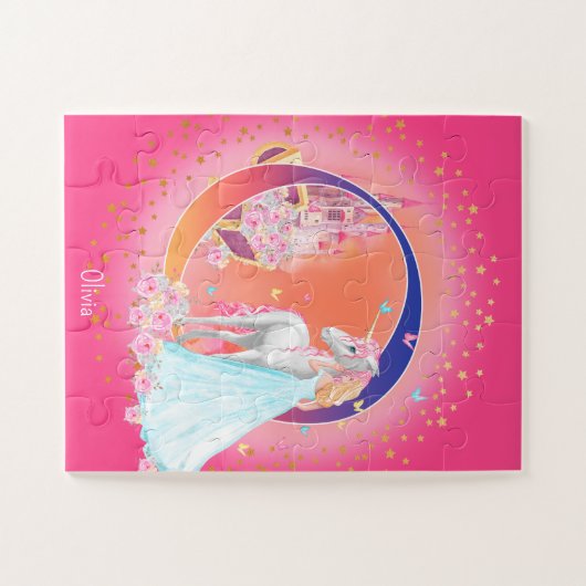 Unicorn en prinses met Castle Letter O Monogram Legpuzzel (Horizontaal)