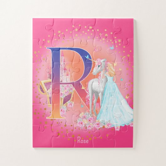 Unicorn en prinses met Castle Letter R Monogram Legpuzzel (Verticaal)