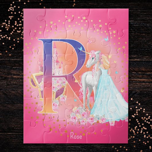 Unicorn en prinses met Castle Letter R Monogram Legpuzzel
