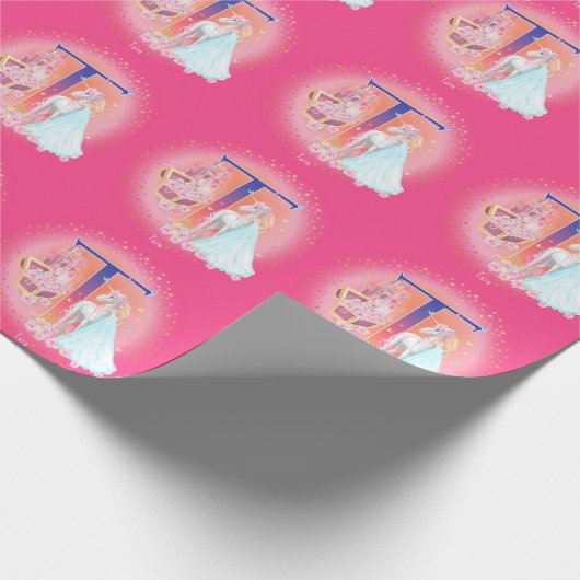 Unicorn en Prinses met Castle Letter T Monogram Cadeaupapier (Hoek)