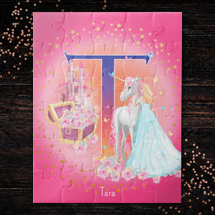 Unicorn en Prinses met Castle Letter T Monogram Legpuzzel