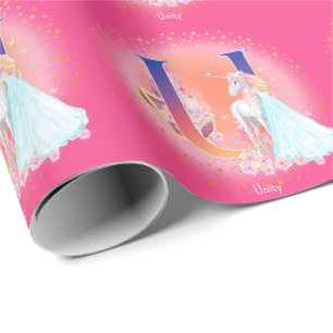 Unicorn en prinses met Castle Letter U Monogram Cadeaupapier