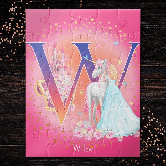 Unicorn en Prinses met Castle Letter W Monogram Legpuzzel