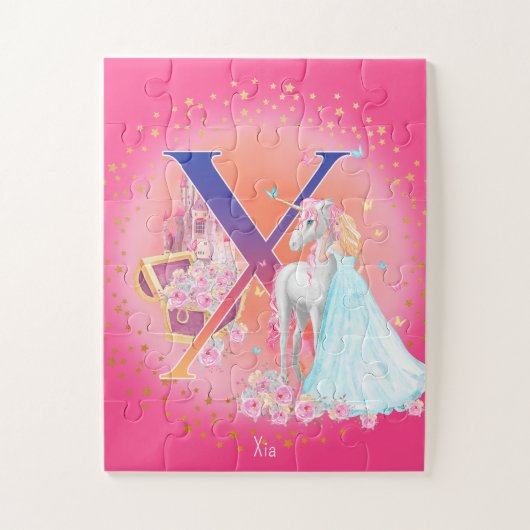 Unicorn en prinses met Castle Letter X Monogram Legpuzzel (Verticaal)