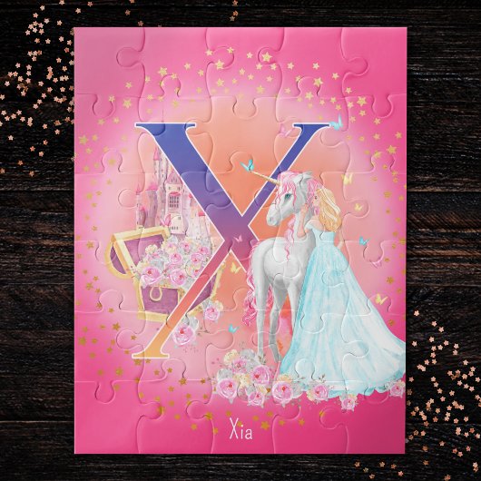 Unicorn en prinses met Castle Letter X Monogram Legpuzzel