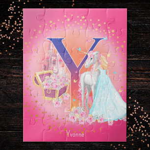 Unicorn en Prinses met Castle Letter Y Monogram Legpuzzel