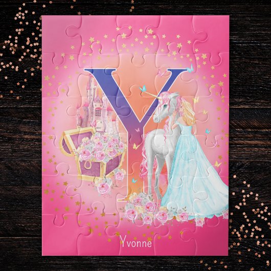 Unicorn en Prinses met Castle Letter Y Monogram Legpuzzel