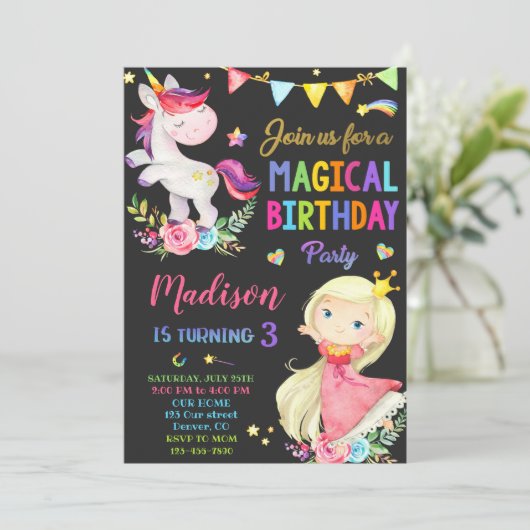 Unicorn en Prinses verjaardagsuitnodiging Kaart (Staand voorkant)