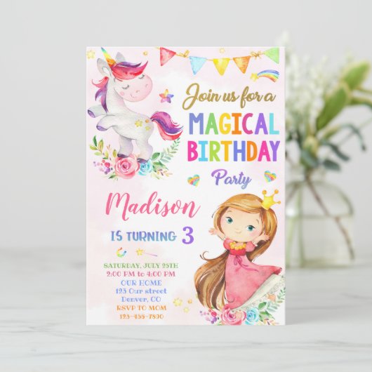 Unicorn en Prinses verjaardagsuitnodiging Kaart (Staand voorkant)