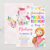 Unicorn en Prinses verjaardagsuitnodiging Kaart (Voorkant / Achterkant)