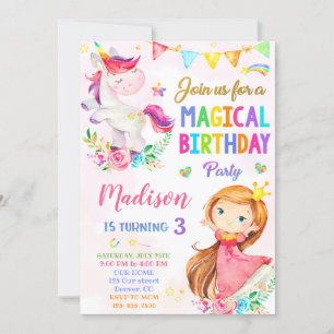 Unicorn en Prinses verjaardagsuitnodiging Kaart