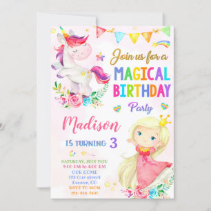 Unicorn en Prinses verjaardagsuitnodiging Kaart