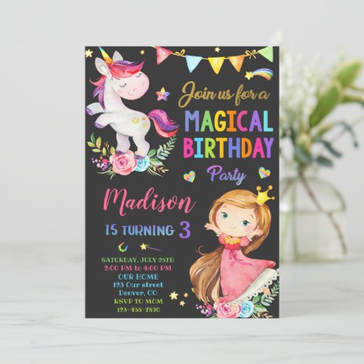 Unicorn en Prinses verjaardagsuitnodiging Kaart (Staand voorkant)