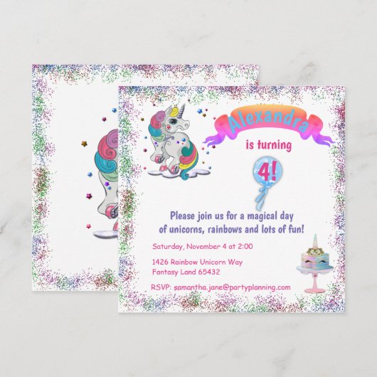 Unicorn en Rainbow Glitter Birthday Kaart (Voorkant / Achterkant)