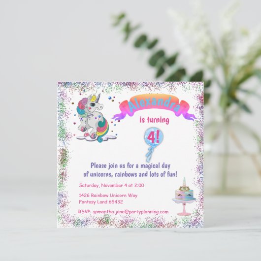Unicorn en Rainbow Glitter Birthday Kaart (Staand voorkant)