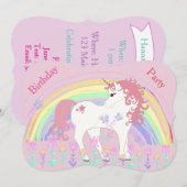 Unicorn en Rainbow Pink Birthday Invitae Kaart (Voorkant / Achterkant)