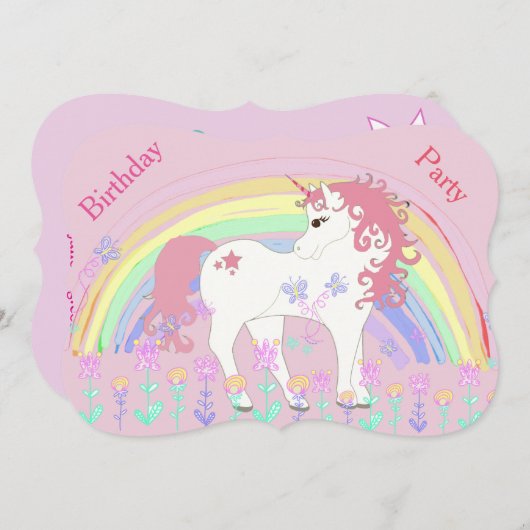 Unicorn en Rainbow Pink Birthday Invitae Kaart (Voorkant / Achterkant)
