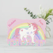 Unicorn en Rainbow Pink Birthday Invitae Kaart (Staand voorkant)