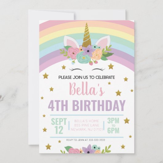 Unicorn en Rainbows Birthday Party Invitation Kaart (Voorkant)