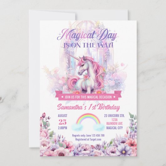 Unicorn en Rainbows Birthday Party Invitation Kaart (Voorkant)