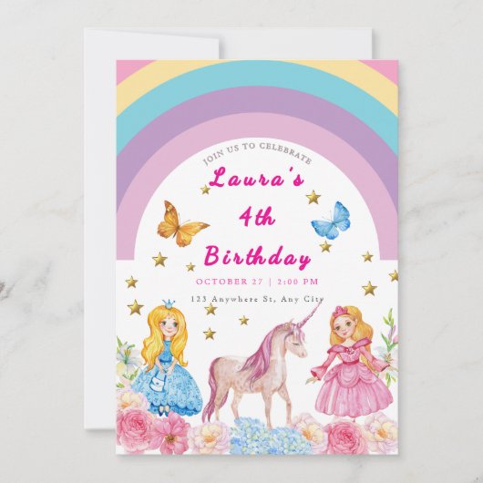 Unicorn en Rainbows Birthday Party Invitation Kaart (Voorkant)