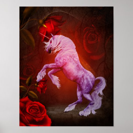 Unicorn en Red Roses Fantasy Horse Art Poster (Voorkant)