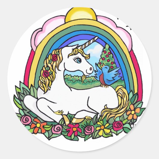 Unicorn en regenboog ronde sticker (Voorkant)