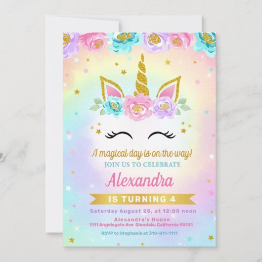 Unicorn en Rozen Kinderen Uitnodiging op zaterdag (Voorkant)