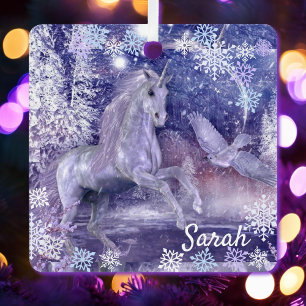 Unicorn en Sneeuw voegen naamlegger toe Metalen Ornament