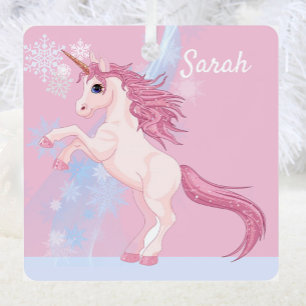 Unicorn en Sneeuw voegen naamroze metalen sierelem Ornament