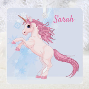 Unicorn en Sneeuw voegen naamroze metalen sierelem Ornament