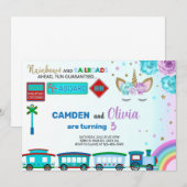 Unicorn en traint een uitnodiging voor de verjaard (Voorkant / Achterkant)