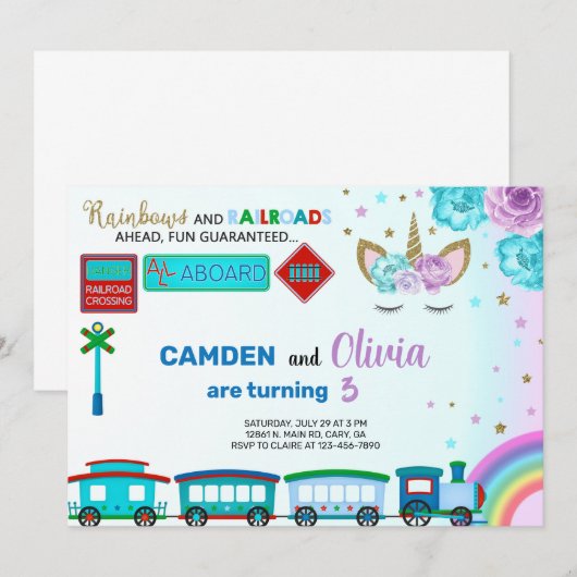 Unicorn en traint een uitnodiging voor de verjaard (Voorkant / Achterkant)