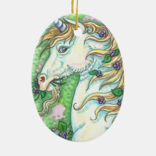 UNICORN EN VIOLETS FANTASY HOPSAKE ORNAAM Oval Keramisch Ornament