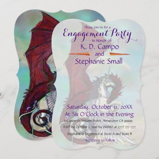 Unicorn Engagement Party Invitation Dragon Red Kaart (Voorkant / Achterkant)