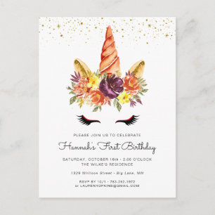 Unicorn Face Autumn Floral Birthday Uitnodiging