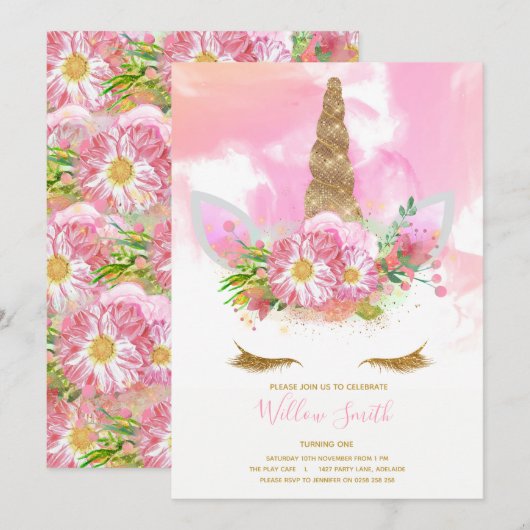 Unicorn Face Birthday Uitnodiging (Voorkant / Achterkant)