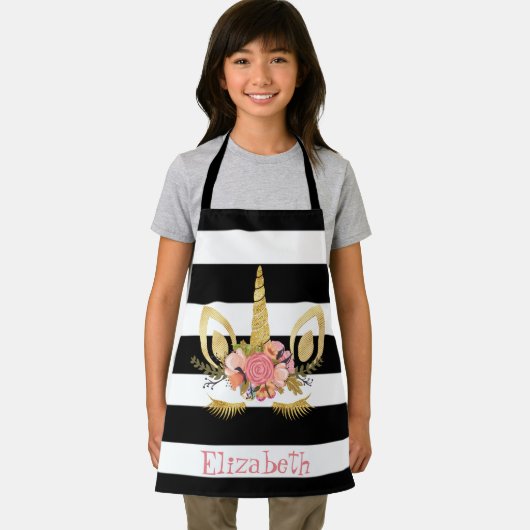 Unicorn Face, Black, White Stripes, speciaal geper Schort (Insitu)