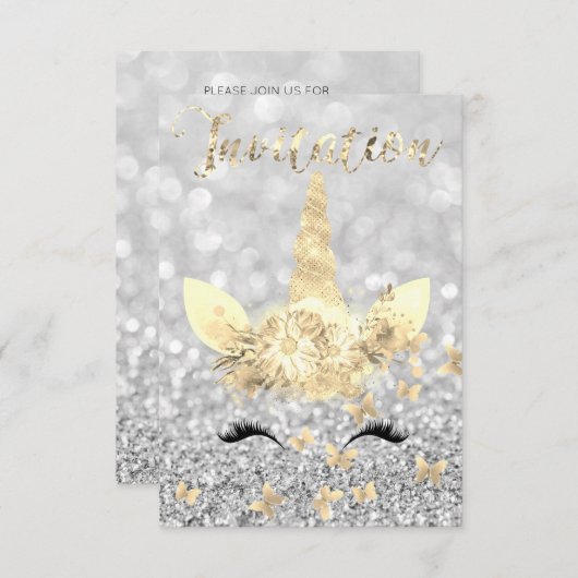 Unicorn Face Faux Gold Silver Grey Glitter Lashes Kaart (Voorkant / Achterkant)