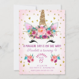 Unicorn Face Floral Birthday Uitnodiging