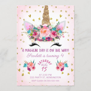 Unicorn Face Floral Birthday Uitnodiging