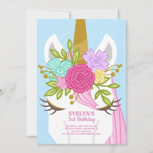 Unicorn Face Floral Birthday Uitnodiging (Voorkant)