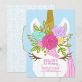 Unicorn Face Floral Birthday Uitnodiging (Voorkant / Achterkant)