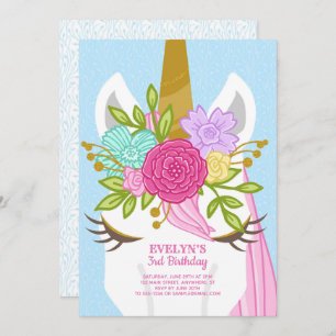 Unicorn Face Floral Birthday Uitnodiging