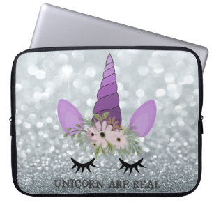 Unicorn Face, Floral Crown, Silver Glitter Bokeh Laptop Sleeve