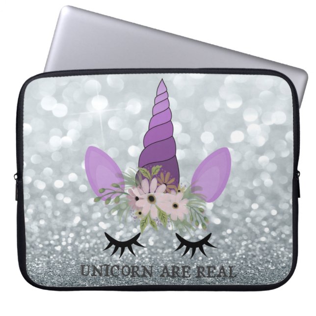 Unicorn Face, Floral Crown, Silver Glitter Bokeh Laptop Sleeve (Voorkant)