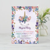 Unicorn Face Glitter Floral Birthday Invitation Kaart (Staand voorkant)